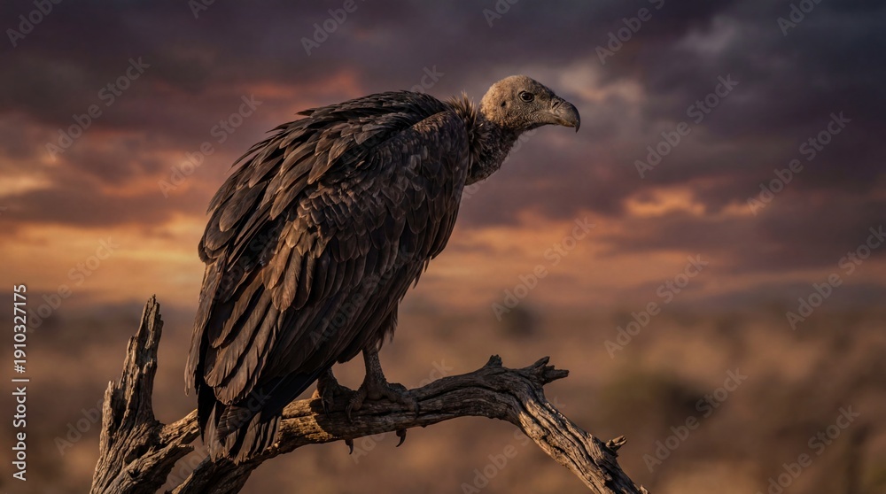 Fototapeta premium Vulture on dead tree branch in dramatic silhouette with warm sunset lighting for wildlife conservation