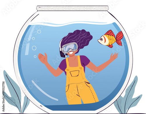 Girl swimming in a giant fishbowl with goldfish vector