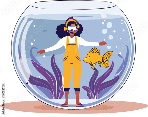 Girl standing inside a giant fishbowl with a goldfish