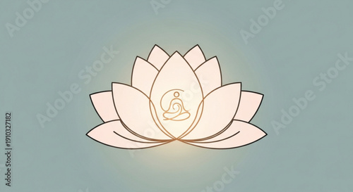 Serene lotus flower with meditation symbol in center on soft blue background representing spiritual growth and mindfulness