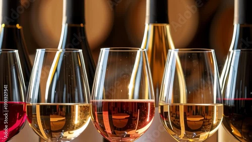 Different types of wine in glasses arranged in a winery path