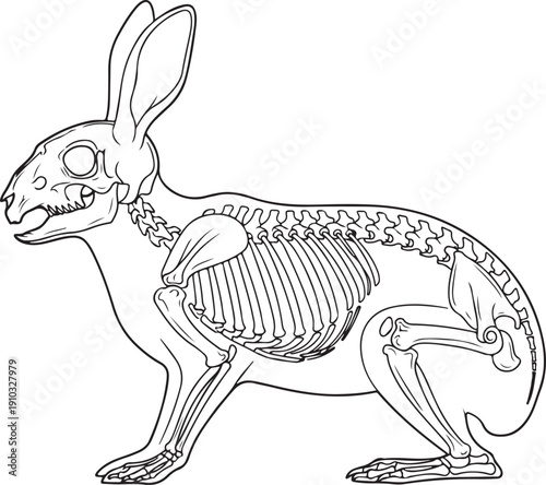 Black and white line art illustration of a rabbit skeleton, showing internal bone structure. , Generative Ai