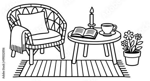 Hand drawn line art cozy reading nook set featuring an armchair, side table, book, and candle for home comfort