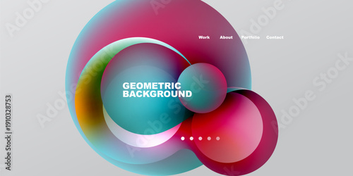 Abstract geometric design features vibrant overlapping circles. Dark background contrasts bright colors, text labels sections. Modern aesthetic.