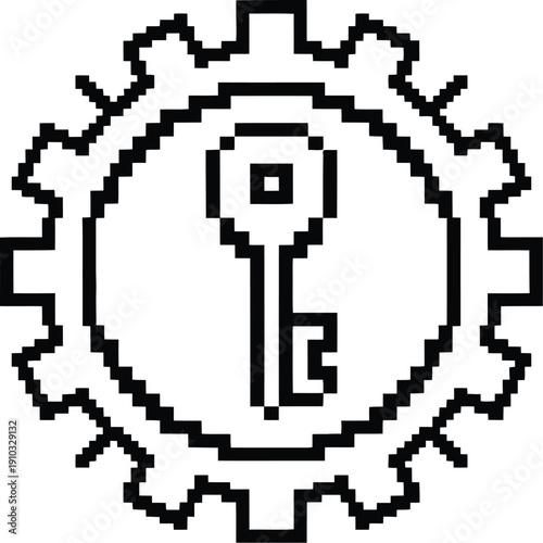 Pixel art gear with key icon Keywords: pixel art, gear, cogwheel, key, lock, security, access