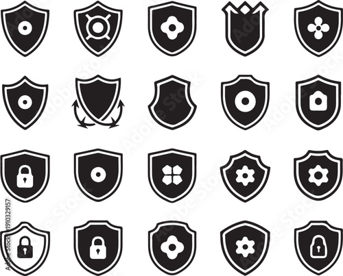 Array of Symbolic Shields: A collection of various shield designs, meticulously crafted to represent protection, security, and honor, showcasing a spectrum of unique emblems and forms.