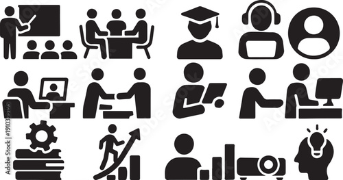 Remote professional development webinar graphics and worker reskilling progress bar symbols. Set of icons depicting various professional and educational activities and concepts