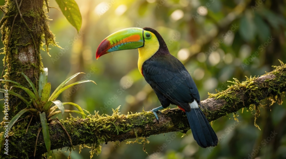 Obraz premium Toucan perched on mossy branch in vibrant rainforest with soft natural lighting for wildlife conservation