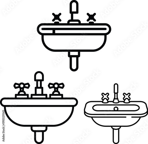 Three bathroom sinks with faucets line art Keywords: sink, basin, bathroom, plumbing, faucet