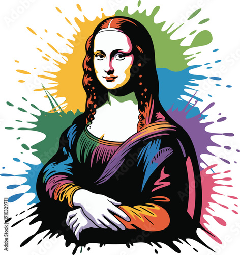 Colorful Mona Lisa pop art illustration with paint splash background modern artistic reinterpretation famous classic portrait design vector style artwork