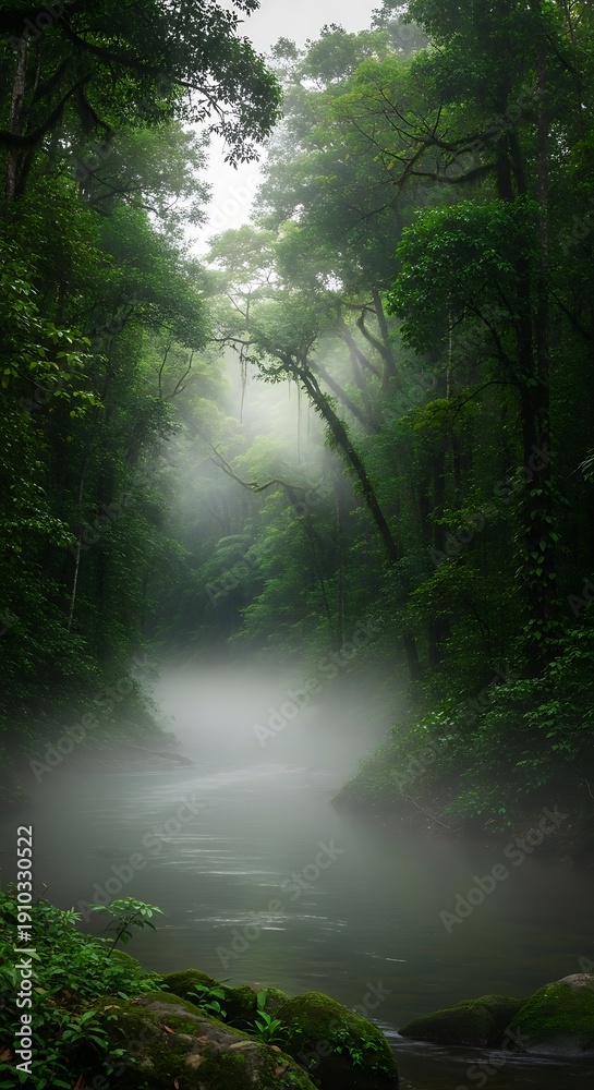 Obraz premium Misty Forest River Landscape Scene.