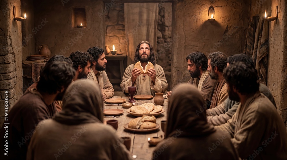 Fototapeta premium Jesus Christ, surrounded by men disciples, breaks bread at the Last Supper. Biblical scene of Maundy Thursday for Easter and Christian concept.