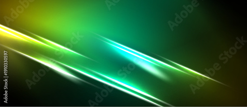 Abstract background features vibrant green, yellow light streaks. Diagonal lines create dynamic energy, dark borders frame composition.