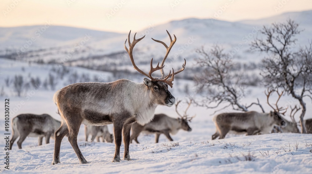 Obraz premium Reindeer Herd in Serene Winter Landscape with Soft Natural Lighting on Snowy Terrain for Wildlife Photography
