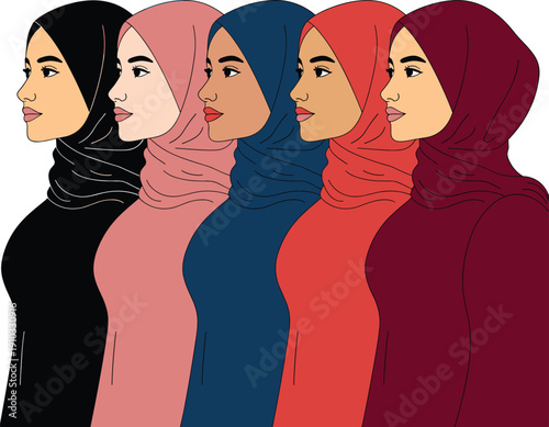 Five diverse women wearing colorful hijab in profile view representing modest fashion cultural identity inclusion modern illustration art concept design