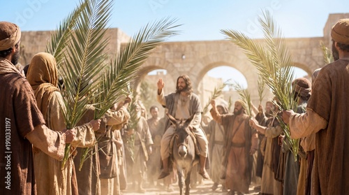 Jesus Christ riding a donkey during Palm Sunday procession, surrounded by men waving palm branches. Biblical event for Christian Easter celebration.