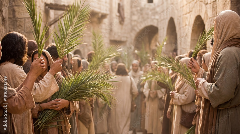 Obraz premium People waving palm branches to welcome Christ on Palm Sunday. Biblical event. Christian Easter holiday background for gospel.