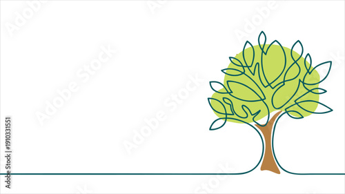 Single line art green tree – sustainability and eco friendly growth concept illustration