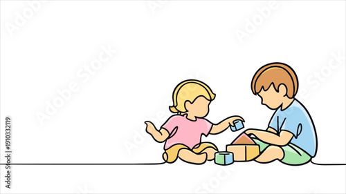 Single line art siblings playing together – minimalist parenting and childhood development concept