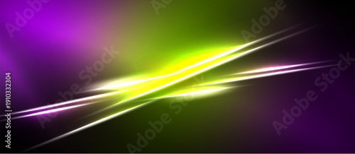 Abstract energy lines intersect. Vibrant purple, green, yellow hues create dynamic visual effect. Dark background emphasizes bright streaks.