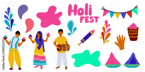 Holi Festival collection with people celebrating, playing with color powder and traditional musical instruments. Flat vector illustration of Indian holiday elements isolated on dark background