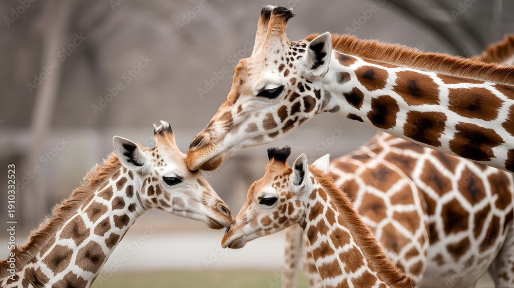 Fototapeta premium Three giraffes touching noses in a natural outdoor setting