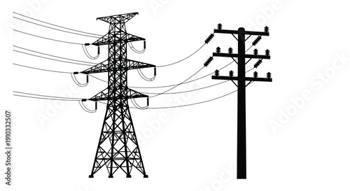 Black and white illustration of electrical power transmission towers and lines