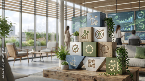 Stack of wooden blocks with ESG and sustainability icons in modern biophilic office with team working on data background
