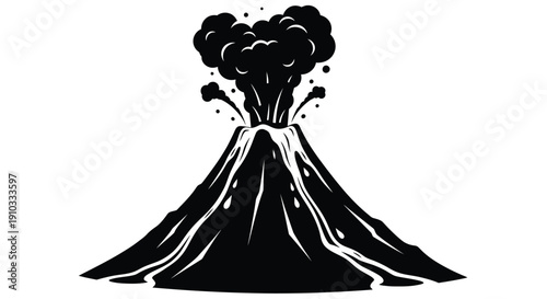 A black and white illustration of an erupting volcano with smoke