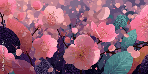 A vibrant and colorful illustration of blooming cherry blossom flowers in full bloom