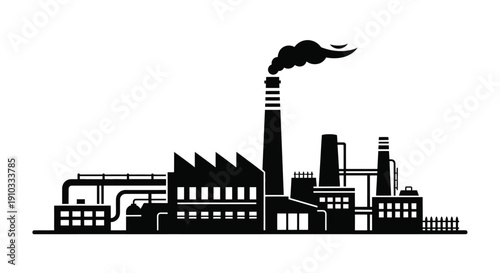 Simple black and white illustration of an industrial factory complex with smoke