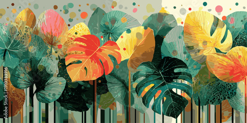 Vibrant tropical leaves arranged in a colorful and artistic pattern on a wall .2026