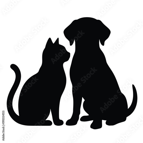 Silhouette of a cat and dog facing each other in a close bond