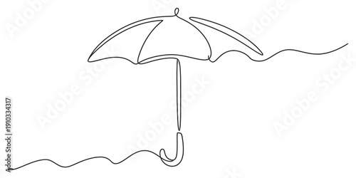 Continuous line drawing of a simple umbrella with a curved handle on a white background Vector, illustration