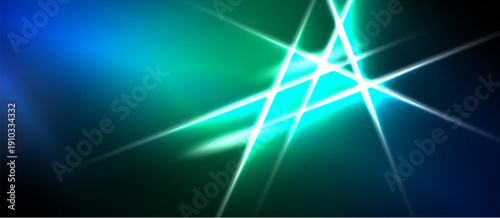 Abstract background features vibrant blue, green hues. Bright white lines intersect creating dynamic light effects. Dark areas provide contrast.