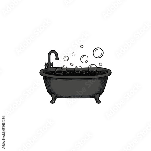 A grayscale illustration of a clawfoot bathtub with bubbles and a faucet