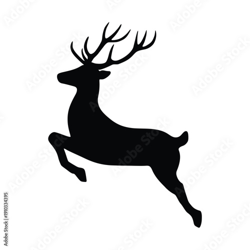 Silhouette of a leaping stag with impressive antlers stark black design