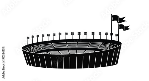 Simple black and white illustration of a stadium with waving flags