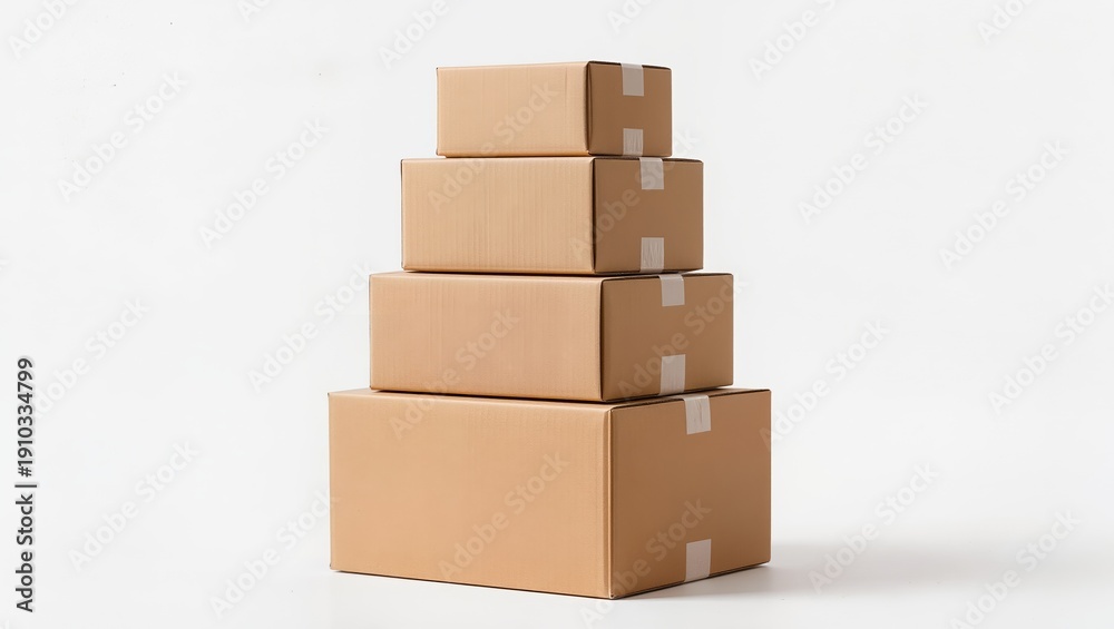 Fototapeta premium Stack of various sealed cardboard shipping boxes arranged by size, brown corrugated packaging parcels isolated on white background, logistics and delivery concept