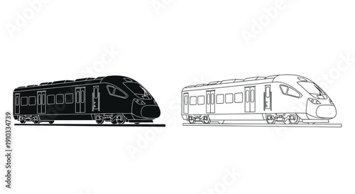 Two high speed train outlines one dark and one white on tracks
