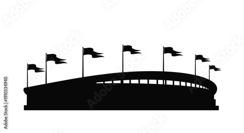 A black silhouette of a stadium with waving flags on top
