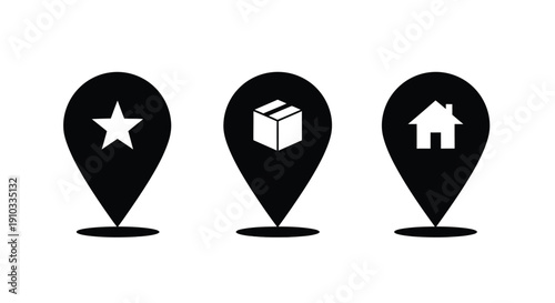 Three distinct black map pin icons featuring a star a shipping box and a simple house representing favorite package and home locations