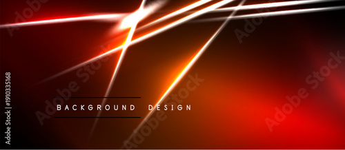 Abstract design features bright neon lines over dark red, black gradients. Dynamic energy radiates from central light source.