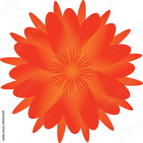 Orange flower vector with layered gradient petals, symmetrical design, and textured burst center in decorative style