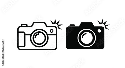 Two distinct camera icons featuring both outline and solid silhouettes with flash indicators represent photography concepts instantly.