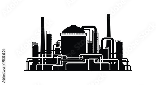 A stark black and white illustration of an industrial complex with smokestacks