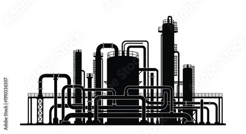 Industrial complex silhouette oil refinery or petrochemical plant illustration