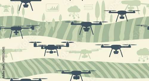 Multiple drones flying over a green landscape with hills and fields technology and innovation concept