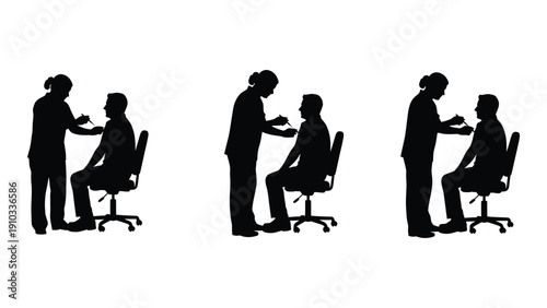 A series of silhouettes depicting a hairdresser cutting a client's hair in different styles isolated on white background, Vector