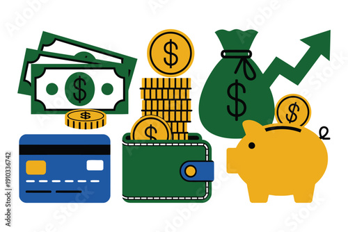 Money and Wealth Concept Dollar Bills Coins Piggy Bank Wallet Credit Card Growth